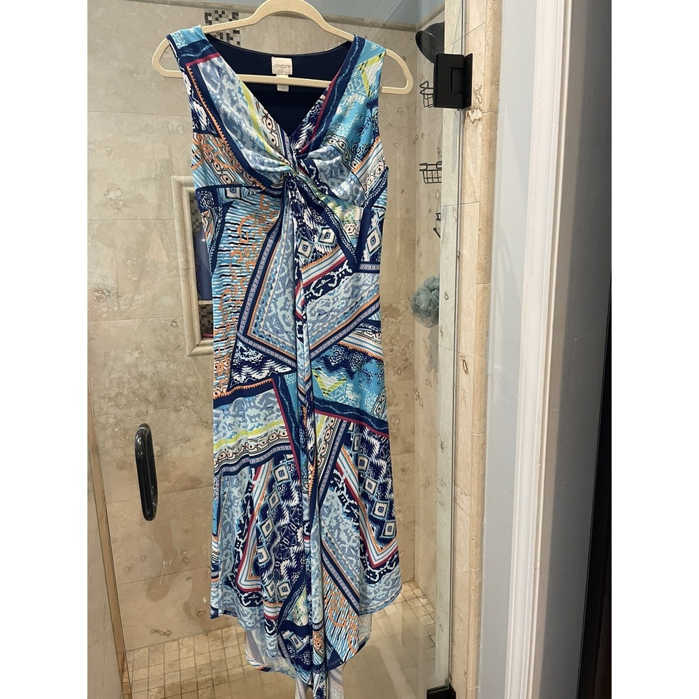 Chicos Sleeveless Maxi Dress Blue Abstract Print Asymmetrical Hem Empire Size 1